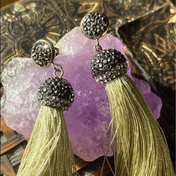 Tassel Shimmer Green & Austrian Crystal Earrings - Picture 4 of 7